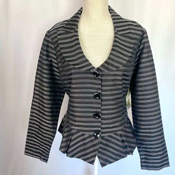 NWT Designer Samual Dong Striped Pleated Peplum Jacket Blazer Black Silver Women - Picture 1 of 14